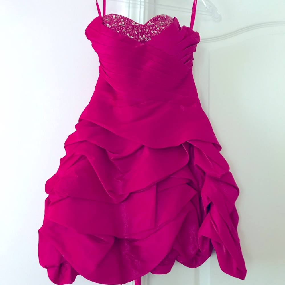 Fuchsia Ruffle Gem Stone Sweet Heart Mini Dress